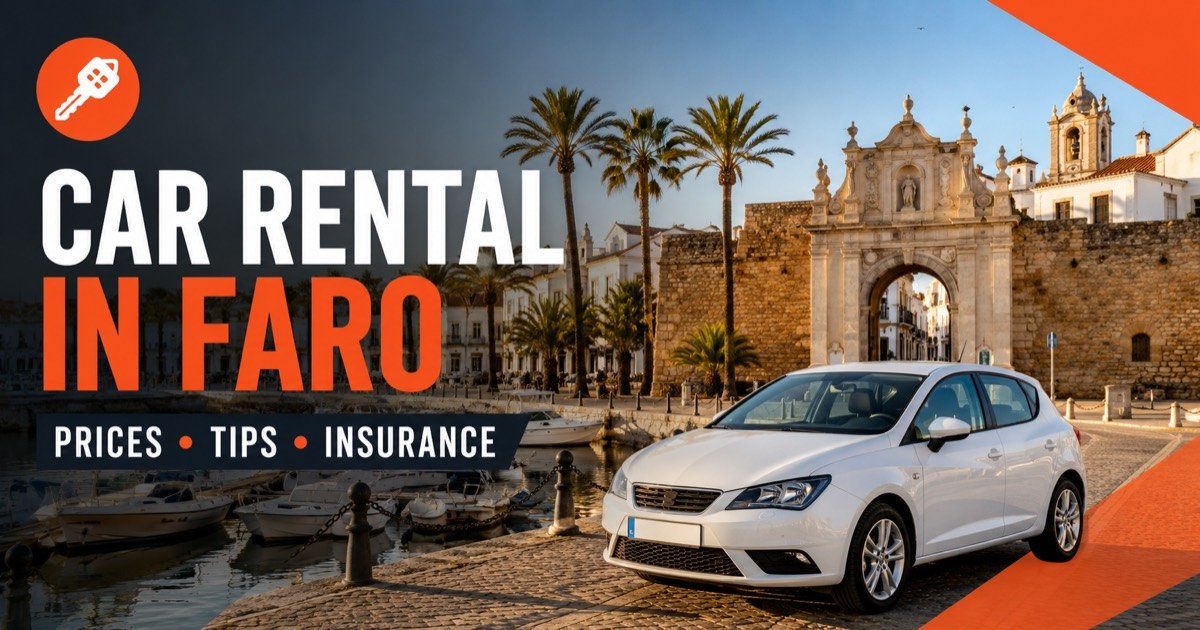 Car Rental In Faro - local scene with a white rental car and an orange car-key icon