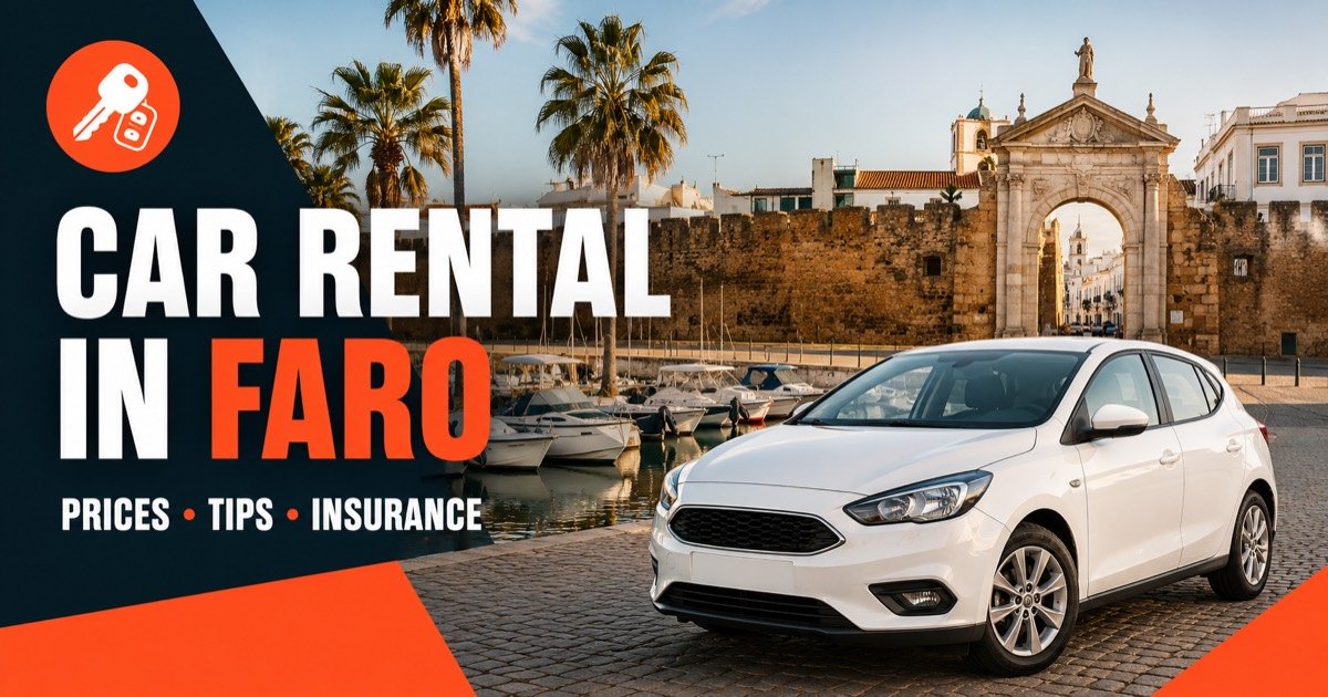 Car rental in Faro — local scene with a white rental car and an orange car-key icon