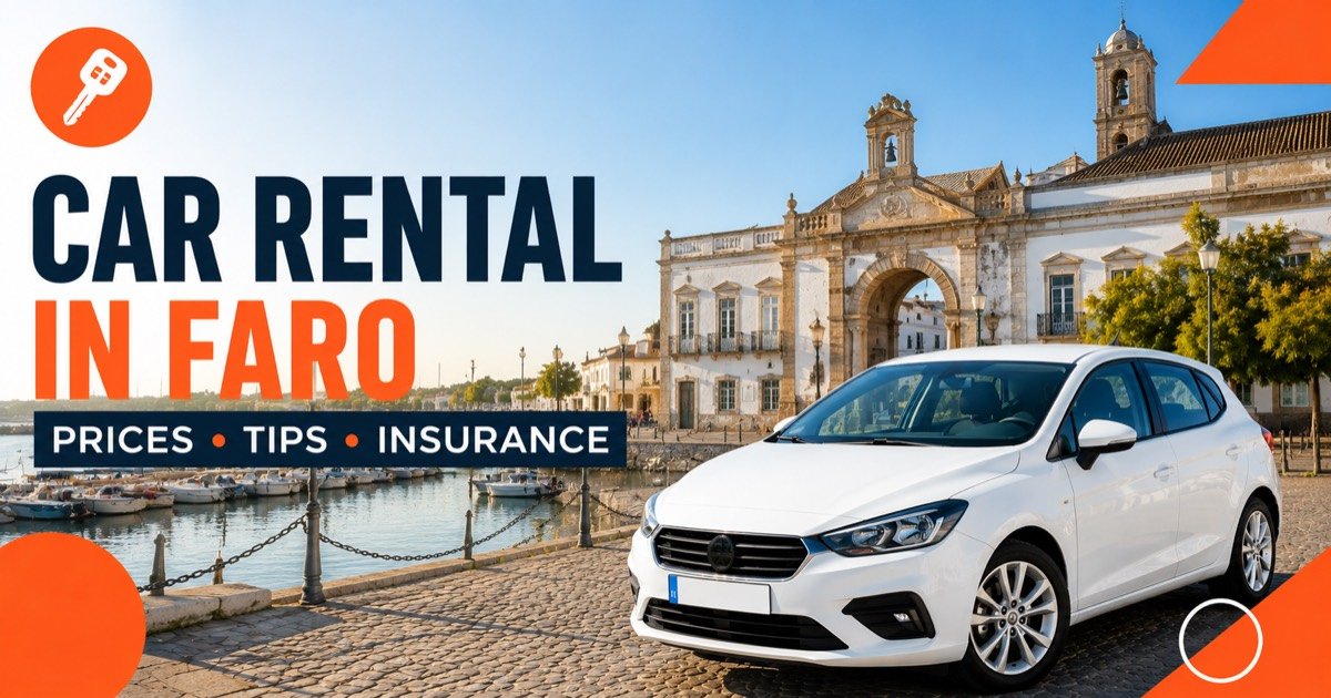 Car rental in Faro — local scene with a white rental car and an orange car-key icon