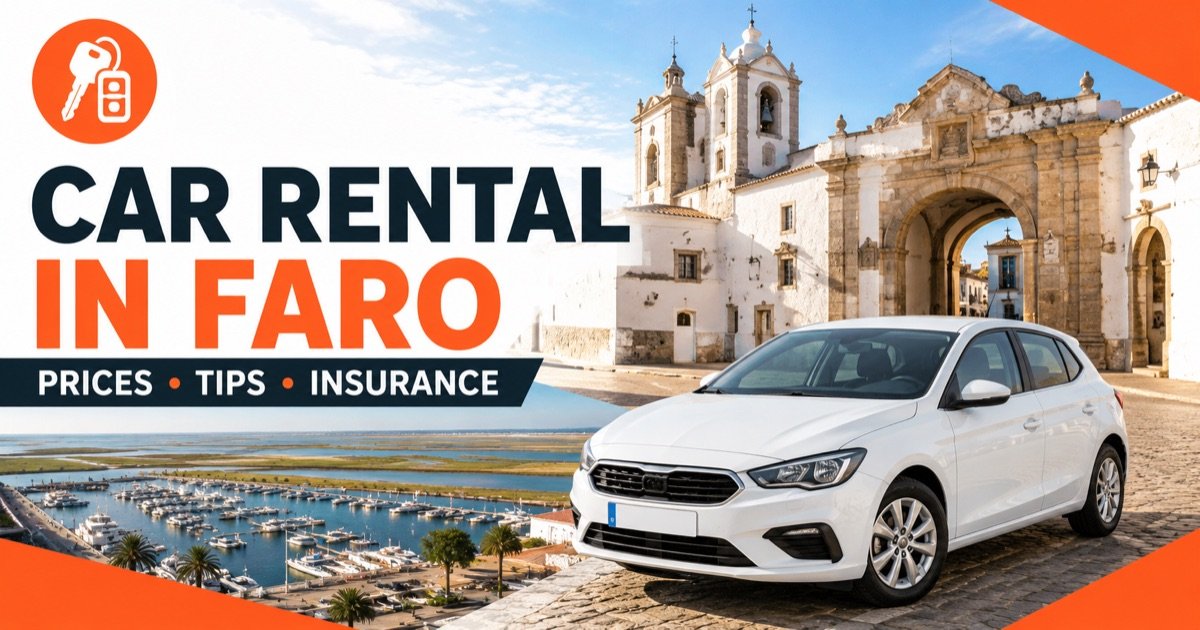 Car Rental In Faro - local scene with a white rental car and an orange car-key icon