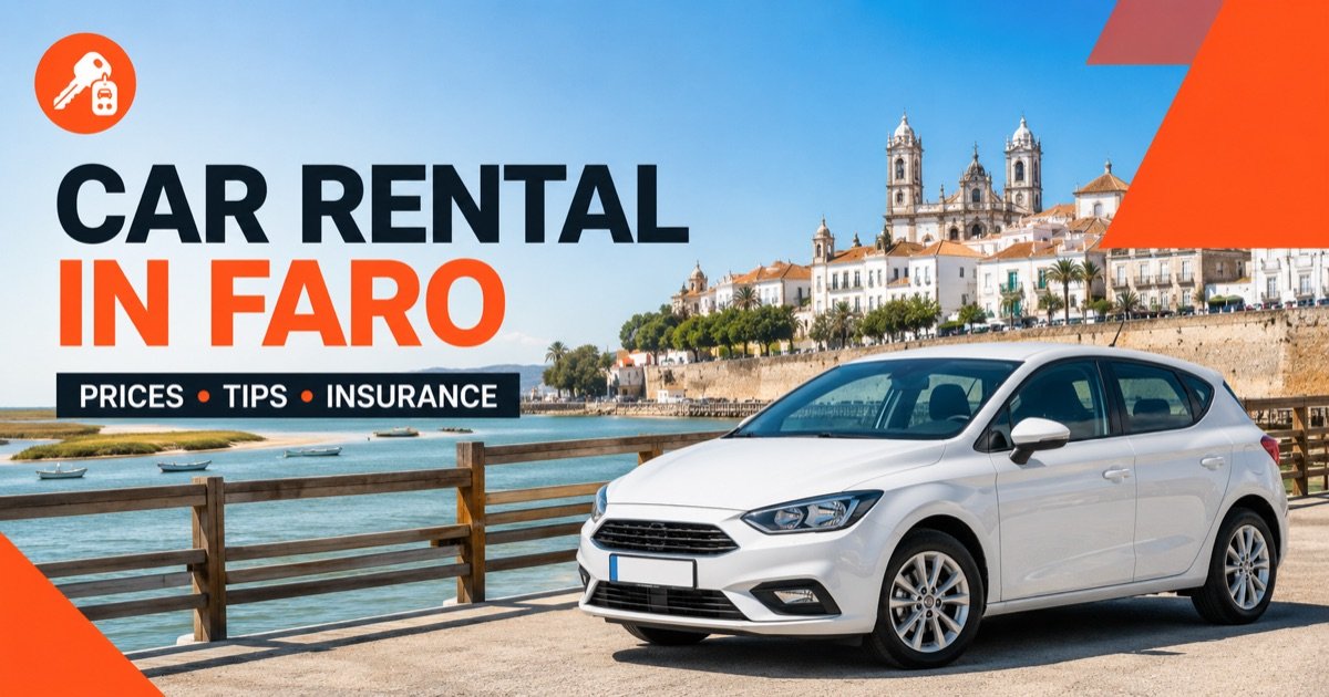 Car Rental In Faro - local scene with a white rental car and an orange car-key icon