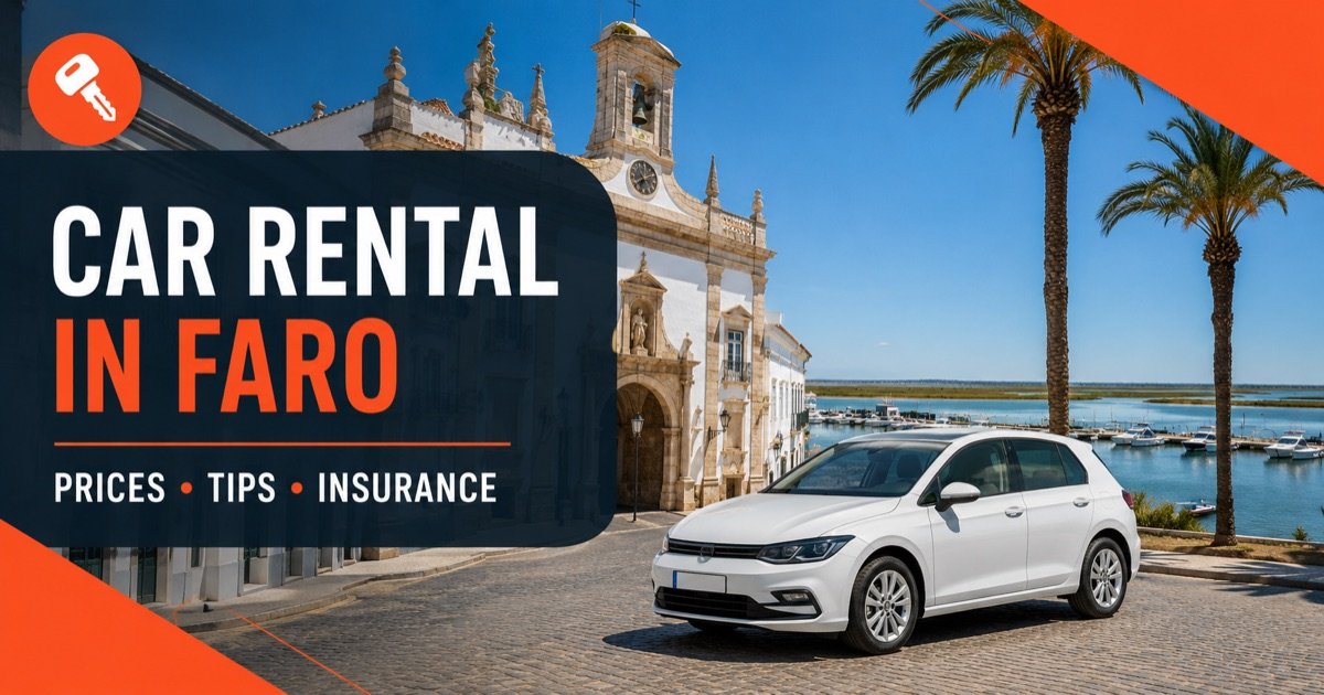 Keyn Go car hire in Faro — old town arch, marina and Ria Formosa, with a white rental car and an orange car-key icon
