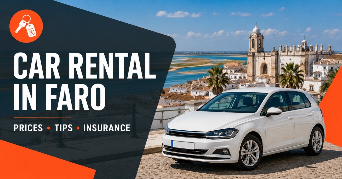 Turisprime car hire in Faro — Ria Formosa lagoon and cathedral skyline, with a white rental car and an orange car-key icon