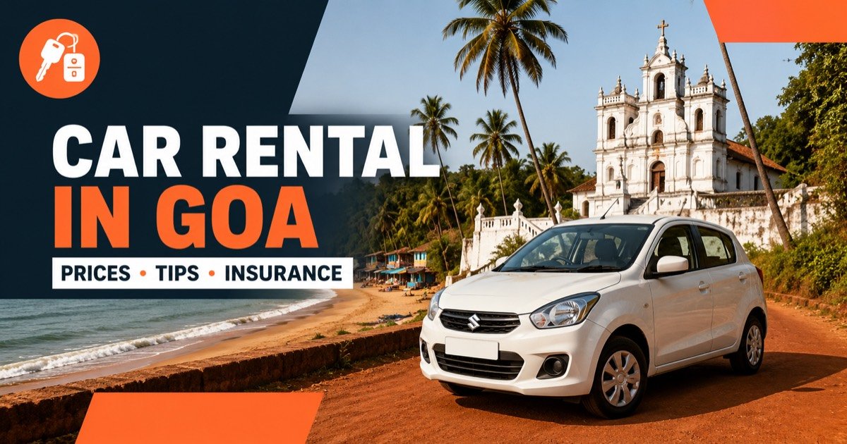 Car rental in Goa — local scene with a white rental car and an orange car-key icon