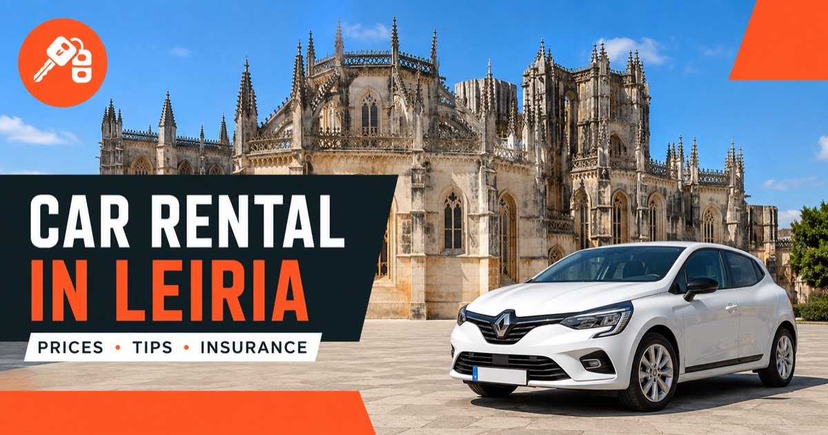 Car Rental In Leiria - local scene with a white rental car and an orange car-key icon