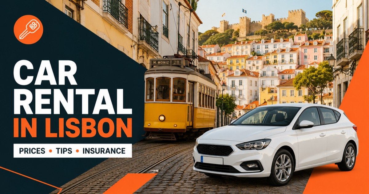 Car rental in Lisbon — local scene with a white rental car and an orange car-key icon