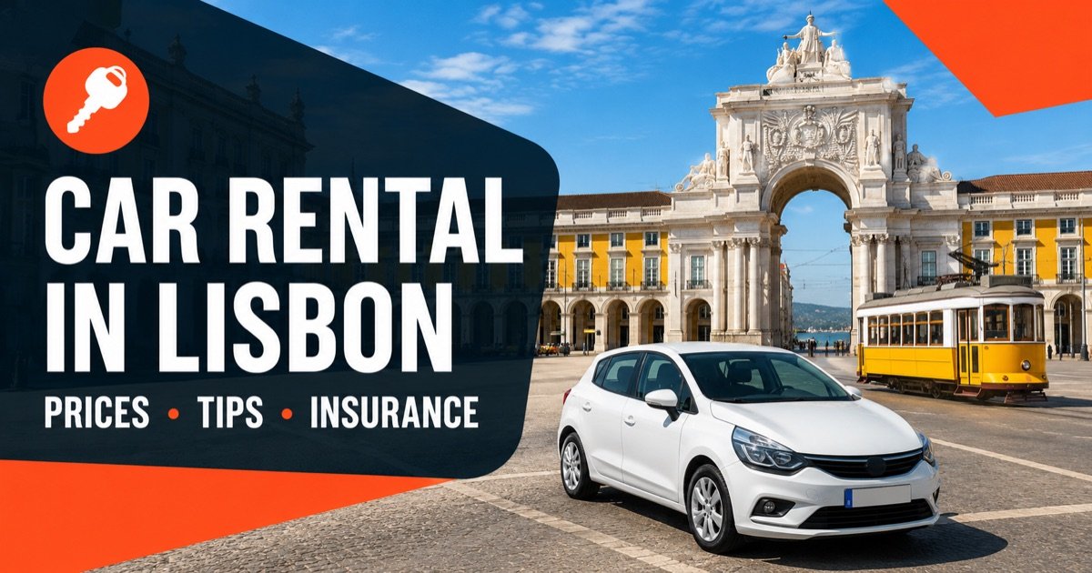 Bravacar car hire in Lisbon — Praca do Comercio facing the Tagus, with a white rental car and an orange car-key icon