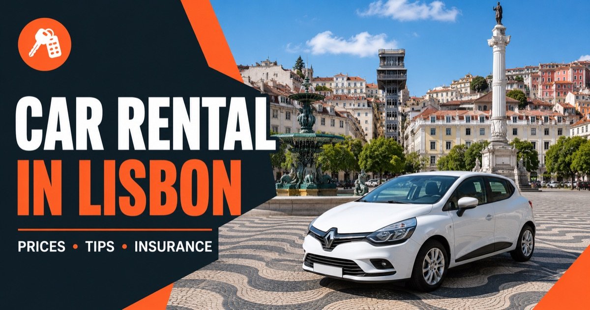 Car rental in Lisbon — local scene with a white rental car and an orange car-key icon