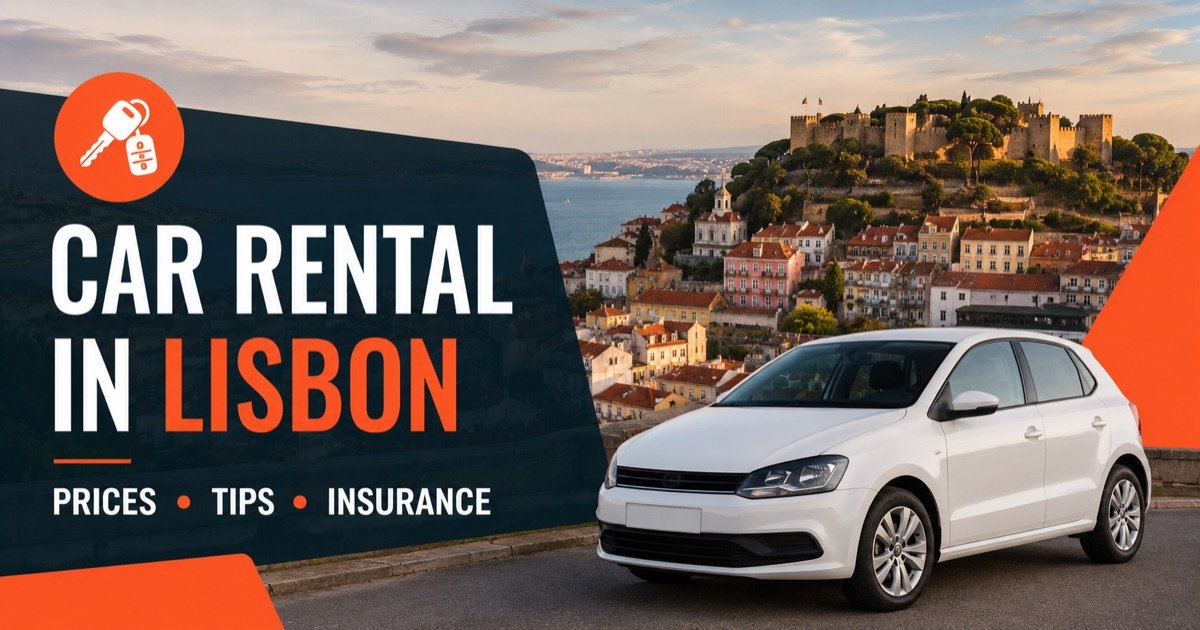 car rental lisbon drivego en DriveGo car hire in Lisbon — Alfama hill and castle over the Tagus, with a white rental car and an orange car-key icon