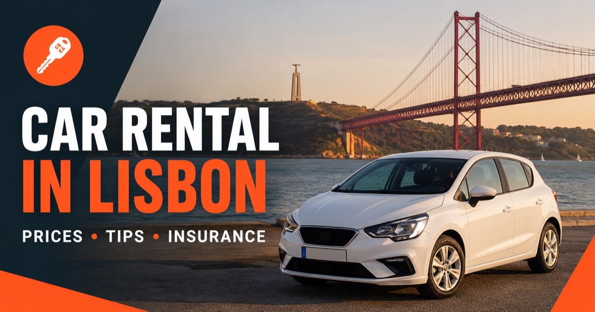 Car rental in Lisbon — local scene with a white rental car and an orange car-key icon