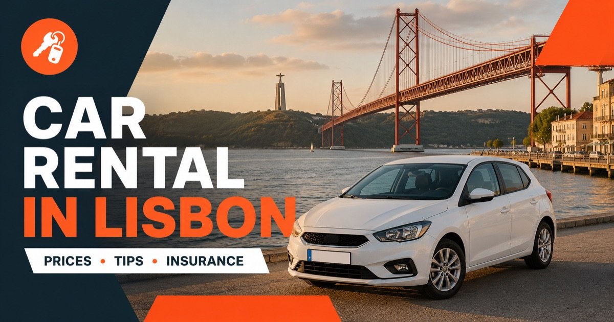 Car Rental In Lisbon - local scene with a white rental car and an orange car-key icon