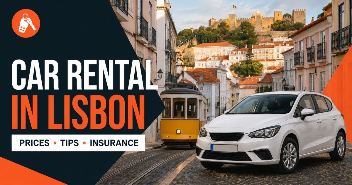Car Rental In Lisbon - local scene with a white rental car and an orange car-key icon