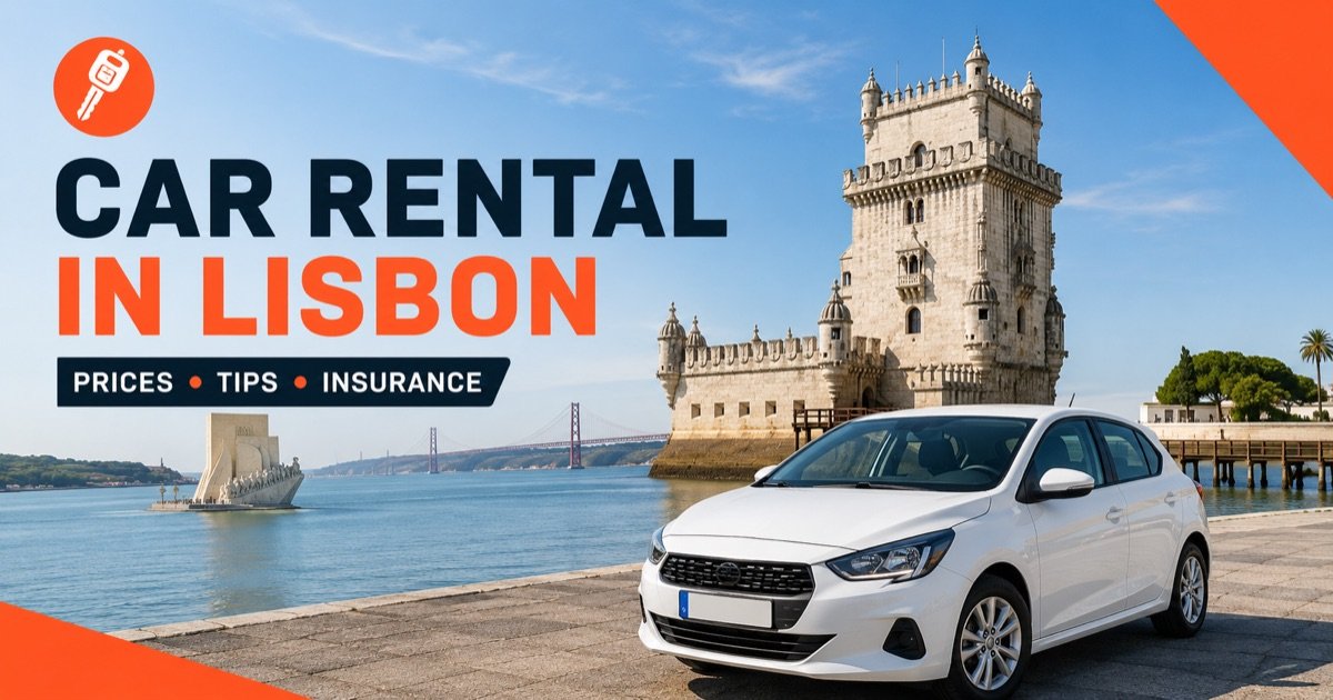 Car rental in Lisbon — local scene with a white rental car and an orange car-key icon