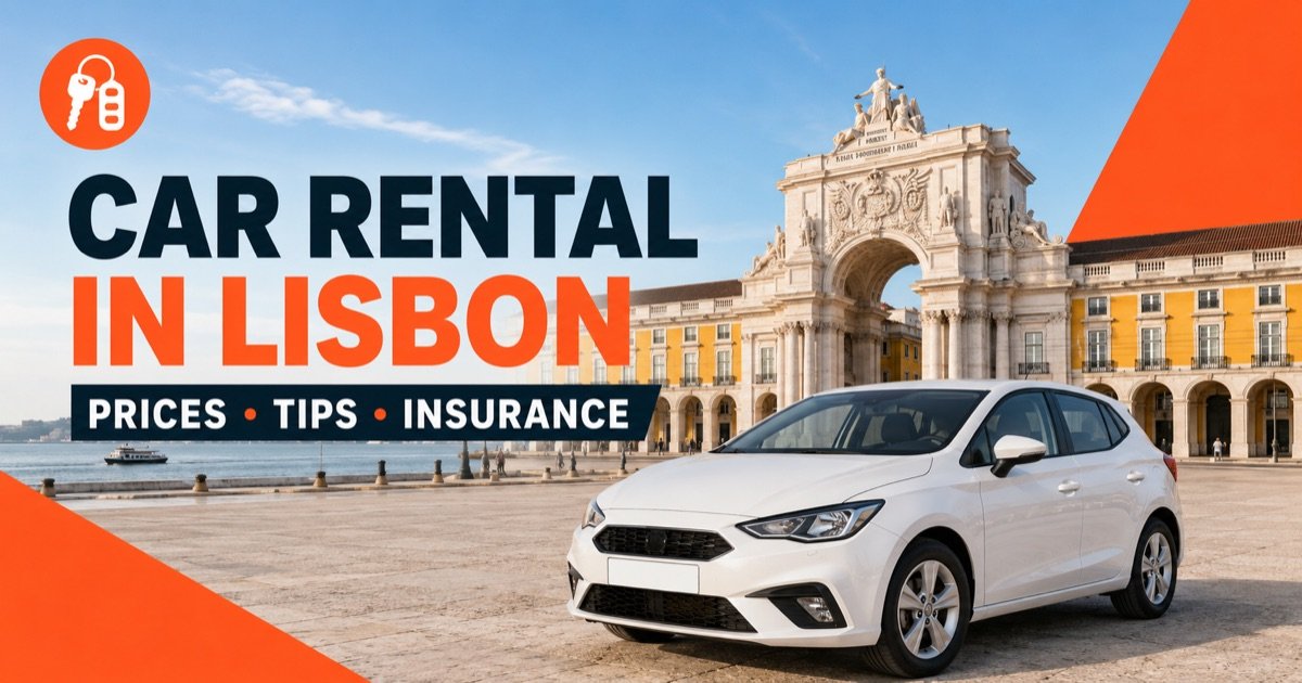 Car rental in Lisbon — local scene with a white rental car and an orange car-key icon