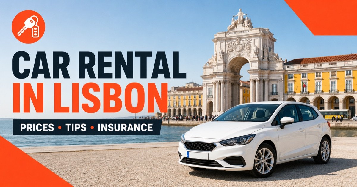 Car Rental In Lisbon - local scene with a white rental car and an orange car-key icon