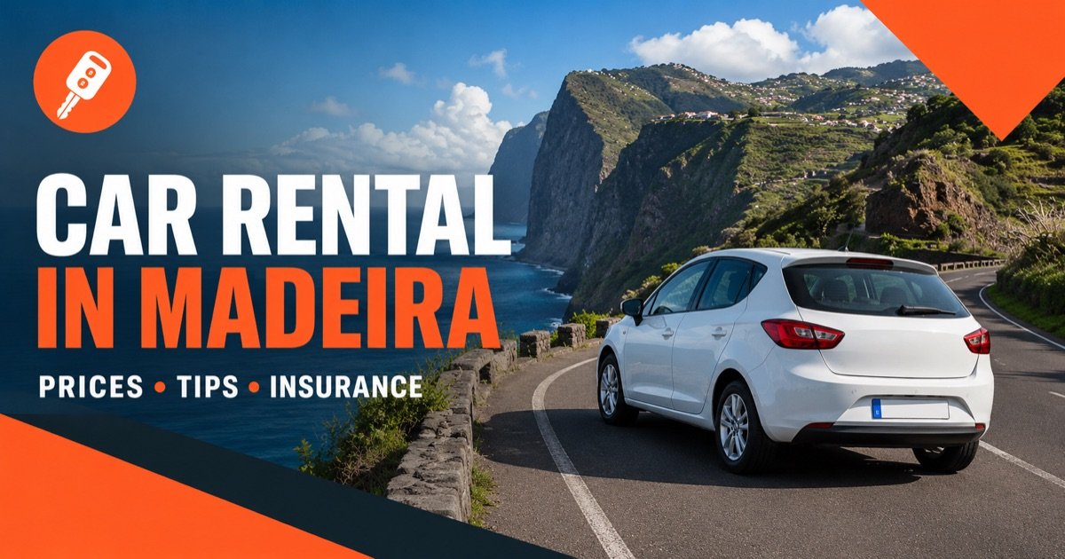 Car Rental In Madeira - local scene with a white rental car and an orange car-key icon