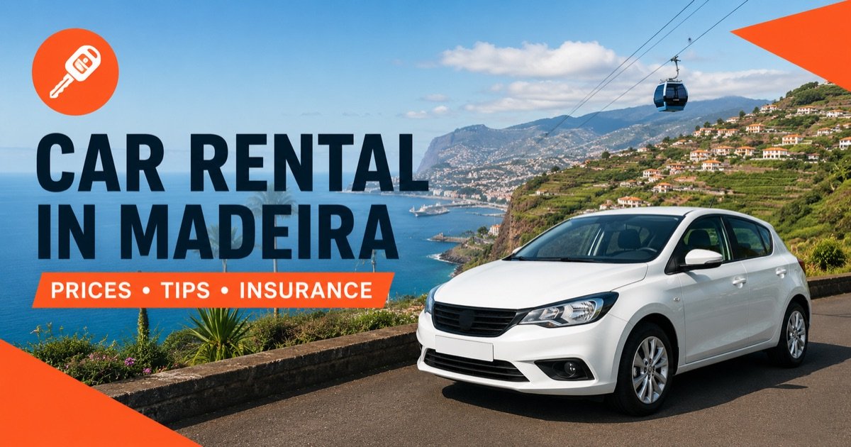 Car rental in Madeira — local scene with a white rental car and an orange car-key icon