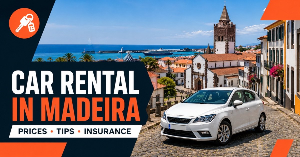 Car rental in Madeira — local scene with a white rental car and an orange car-key icon