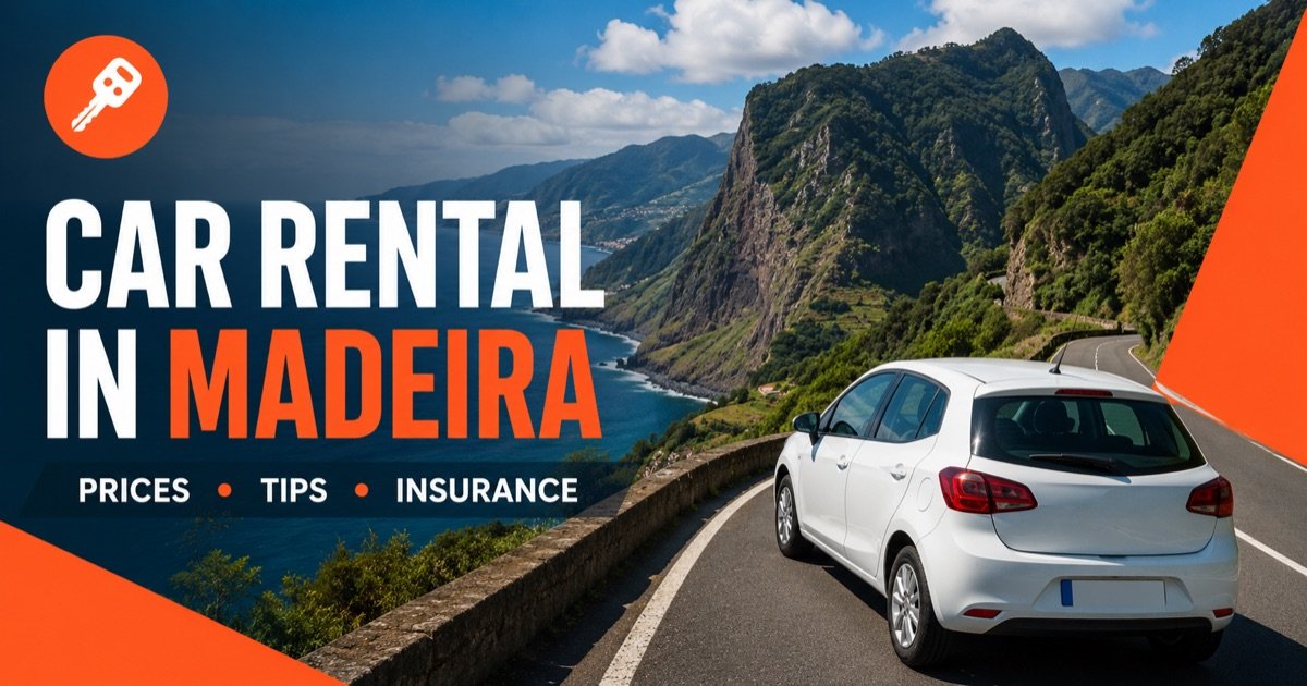 Car rental in Madeira — local scene with a white rental car and an orange car-key icon
