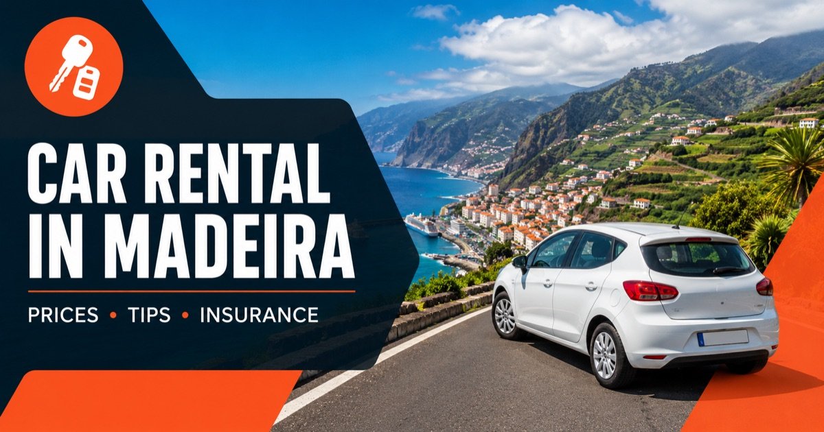 DriveGo car hire in Madeira — Funchal bay and terraced green hills, with a white rental car and an orange car-key icon