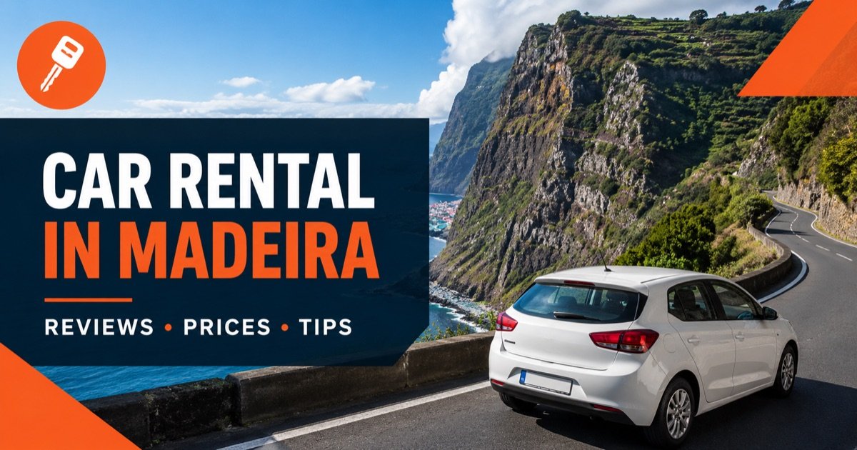 DriveGo Madeira review — Cabo Girao sea cliff and green slopes, with a white rental car and an orange car-key icon