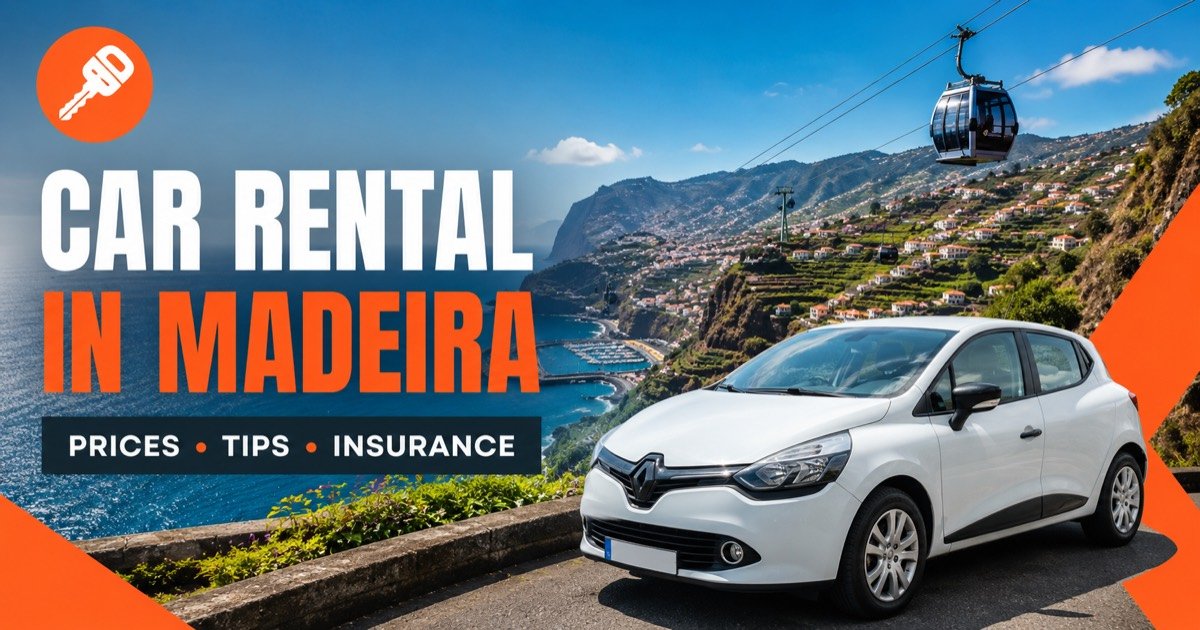 Car Rental In Madeira - local scene with a white rental car and an orange car-key icon