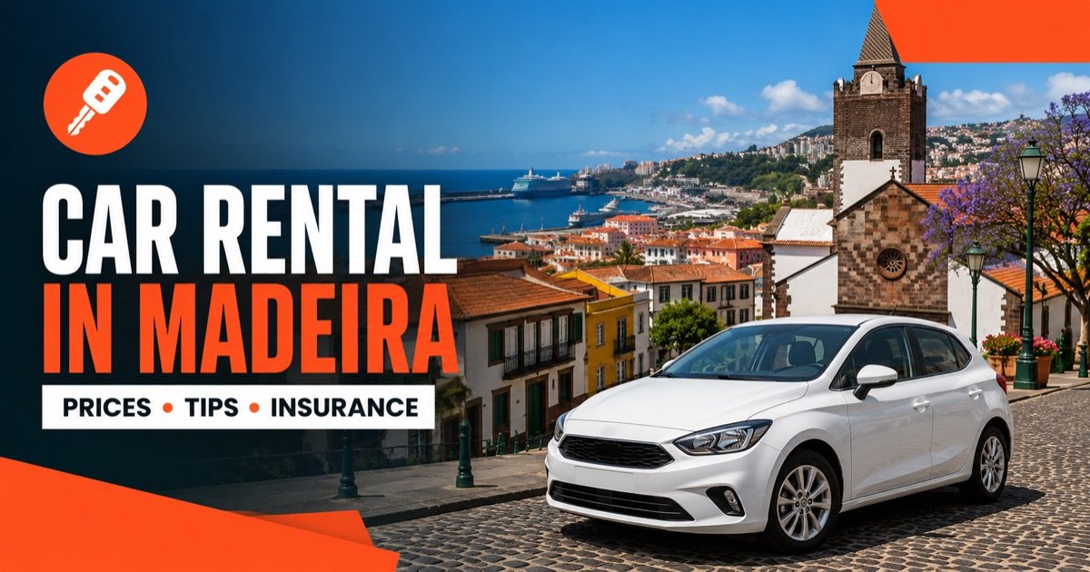 Car Rental In Madeira - local scene with a white rental car and an orange car-key icon
