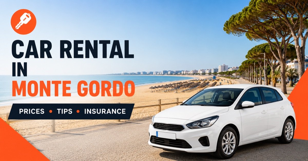 Car Rental In Monte Gordo - local scene with a white rental car and an orange car-key icon