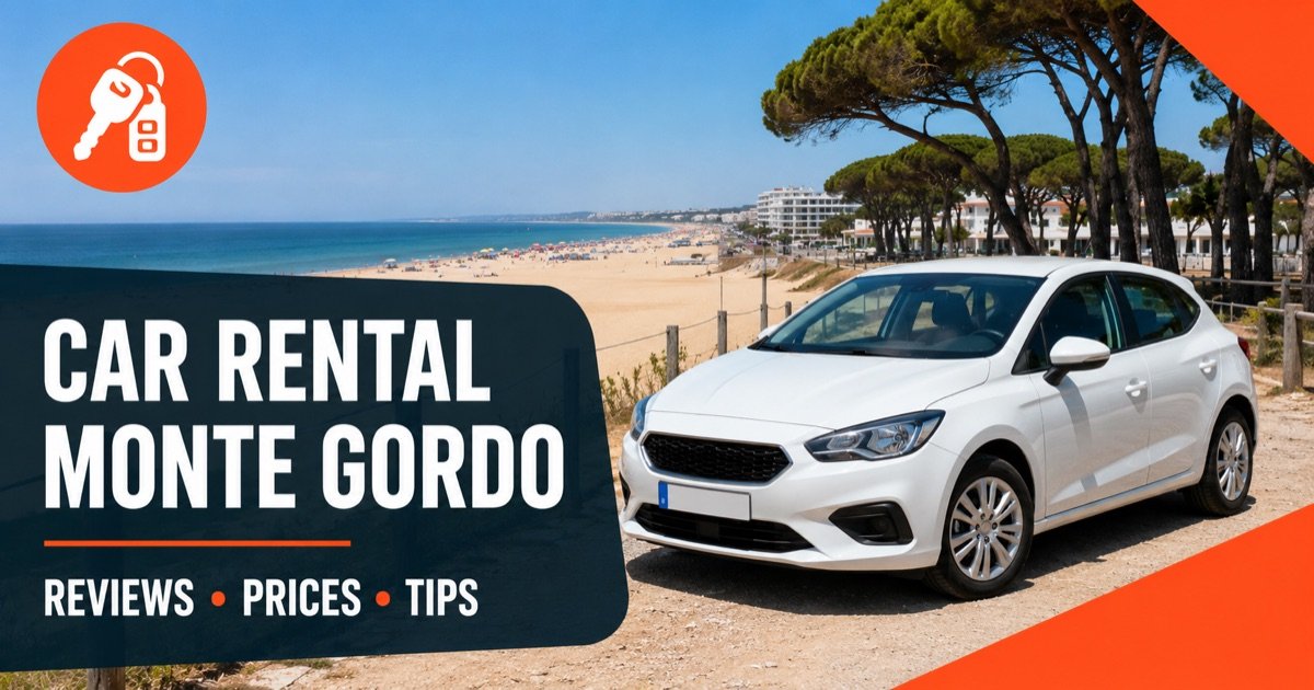 Monte Gordo car rental reviews — wide sandy beach and pines, with a white rental car and an orange car-key icon
