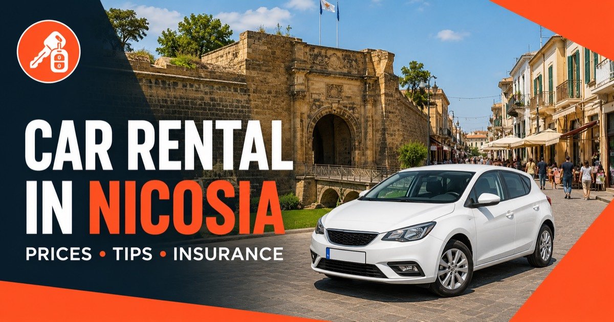 Car rental in Nicosia — local scene with a white rental car and an orange car-key icon