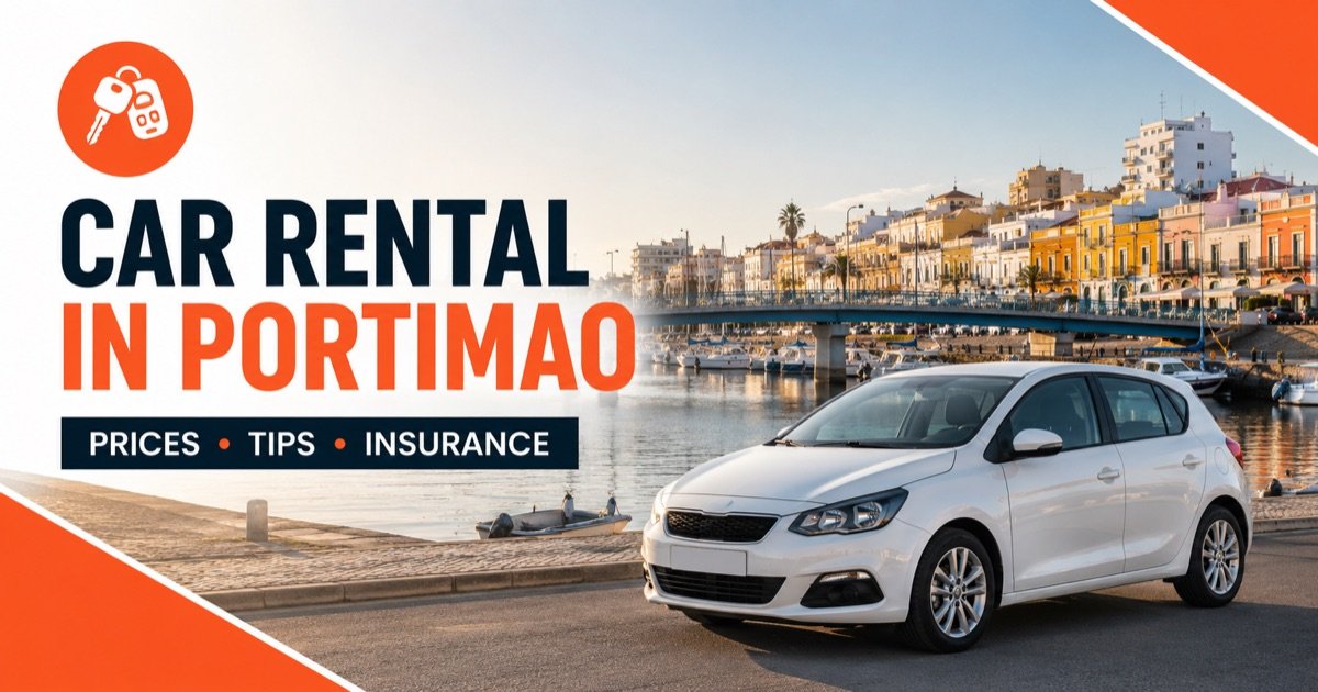 Car Rental In Portimao - local scene with a white rental car and an orange car-key icon