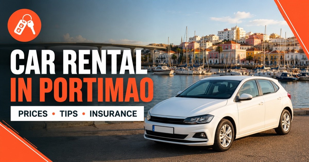 Car rental in Portimao — local scene with a white rental car and an orange car-key icon