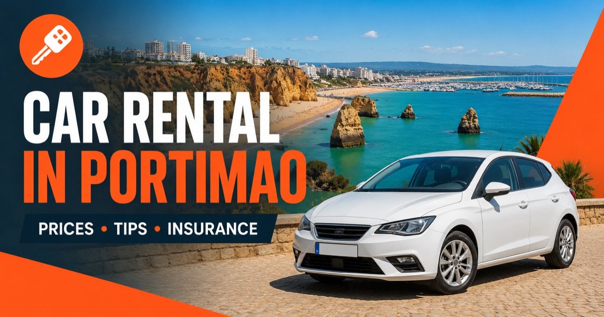 Car rental in Portimao — local scene with a white rental car and an orange car-key icon