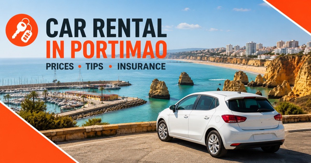 Car Rental In Portimao - local scene with a white rental car and an orange car-key icon