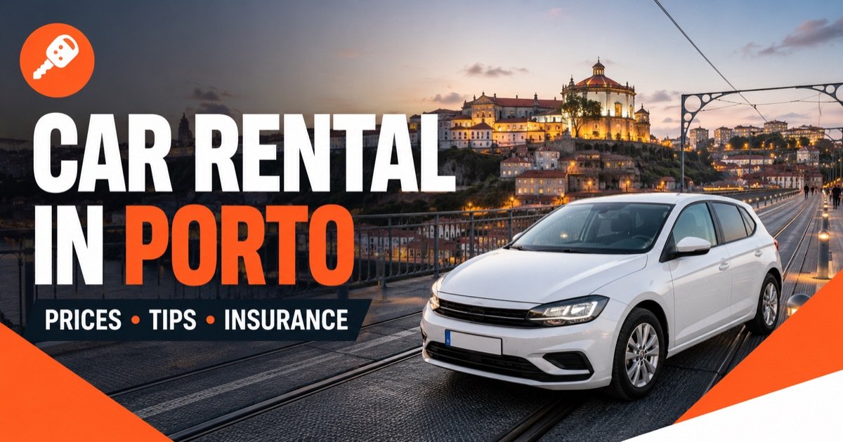 Car rental in Porto — local scene with a white rental car and an orange car-key icon