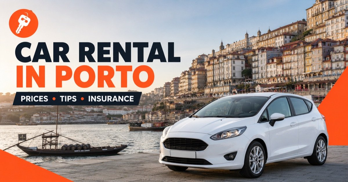 Car rental in Porto — local scene with a white rental car and an orange car-key icon