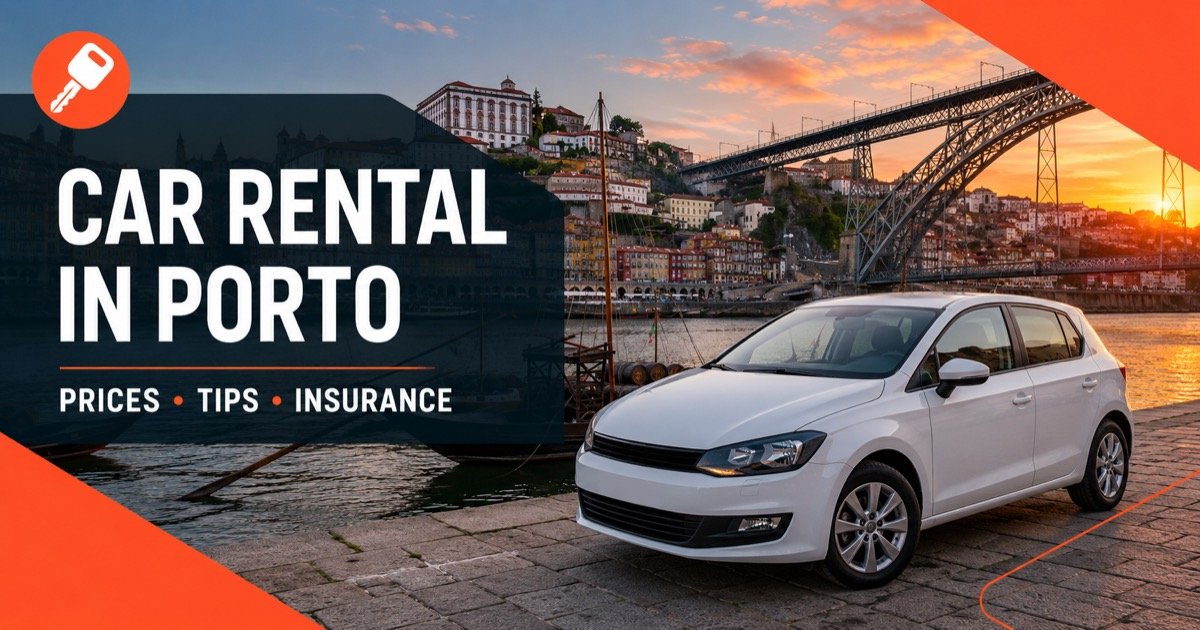 Europcar car hire in Porto — Ribeira and Dom Luis bridge over the Douro, with a white rental car and an orange car-key icon