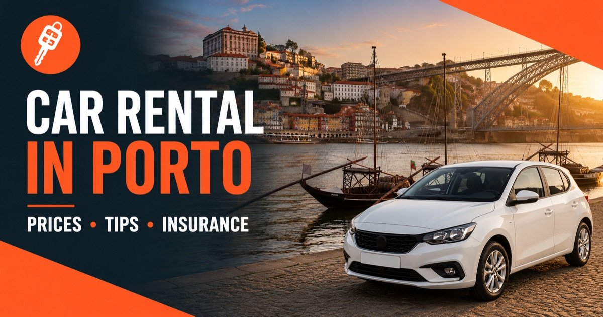 Car rental in Porto — local scene with a white rental car and an orange car-key icon