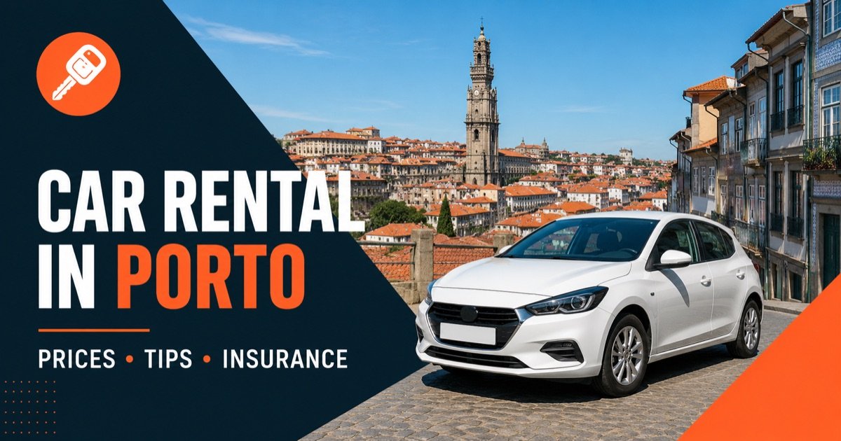 Car rental in Porto — local scene with a white rental car and an orange car-key icon