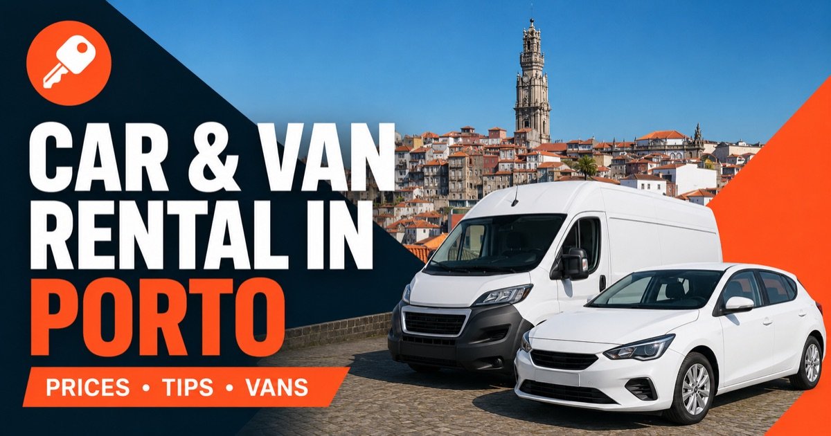 Car & Van Rental In Porto - local scene with a white rental car and an orange car-key icon