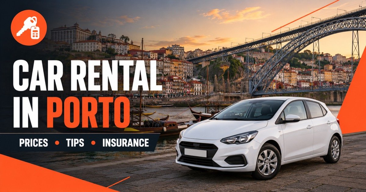 Car Rental In Porto - local scene with a white rental car and an orange car-key icon