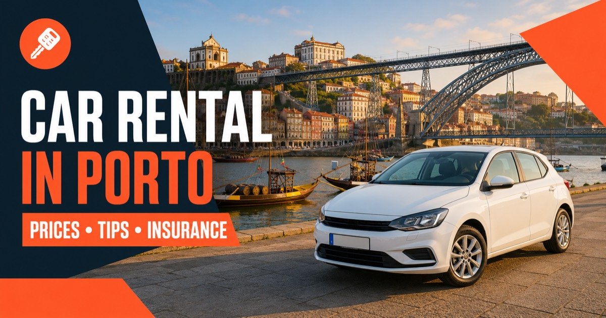 car rental porto valpirent en Car rental in Porto — local scene with a white rental car and an orange car-key icon