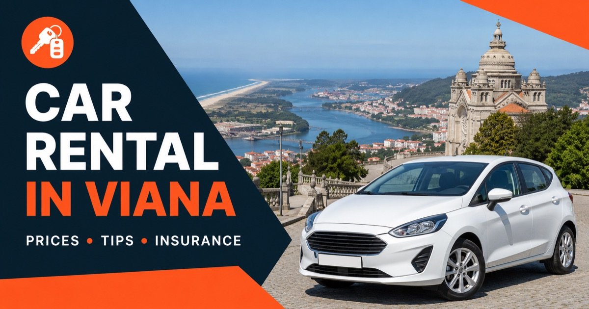 Car rental in Viana do Castelo — local scene with a white rental car and an orange car-key icon
