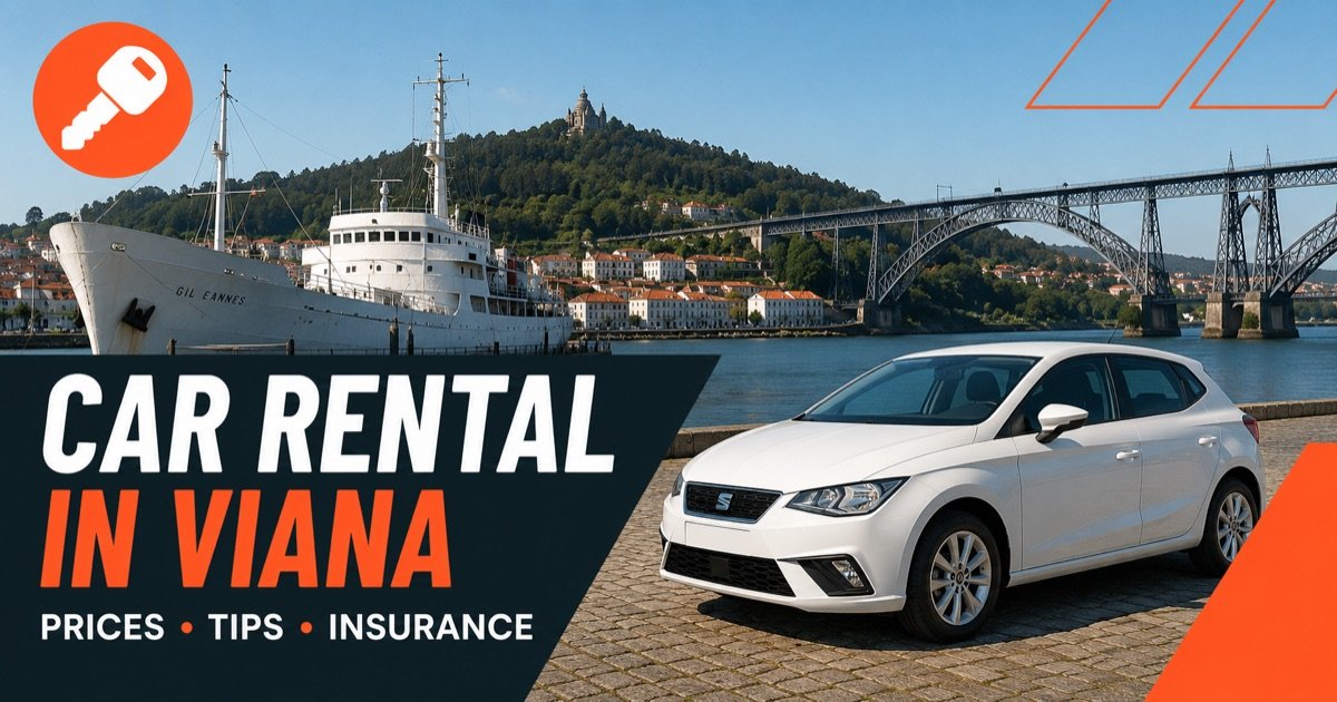 Car rental in Viana do Castelo — local scene with a white rental car and an orange car-key icon