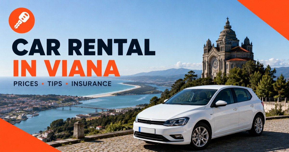 Car Rental In Viana - local scene with a white rental car and an orange car-key icon