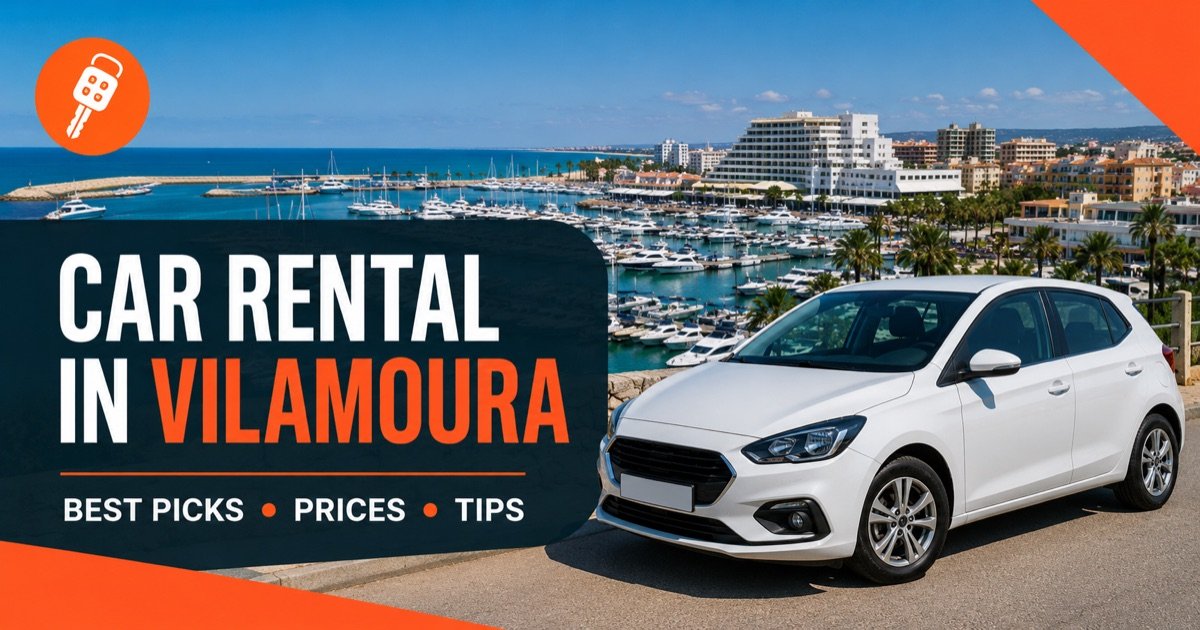 Vilamoura car rental companies — marina with yachts and hotels, with a white rental car and an orange car-key icon