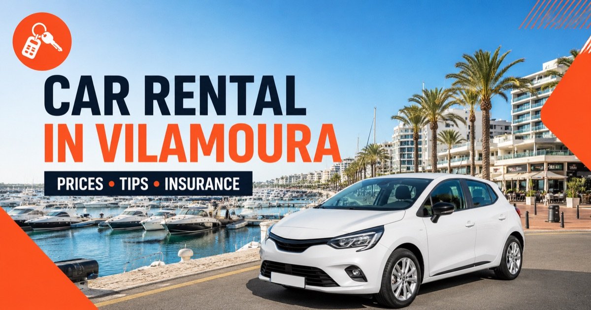 Car rental in Vilamoura — local scene with a white rental car and an orange car-key icon
