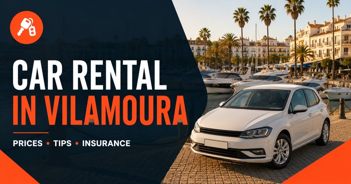 Sixt car hire in Vilamoura — marina with yachts and palms, with a white rental car and an orange car-key icon