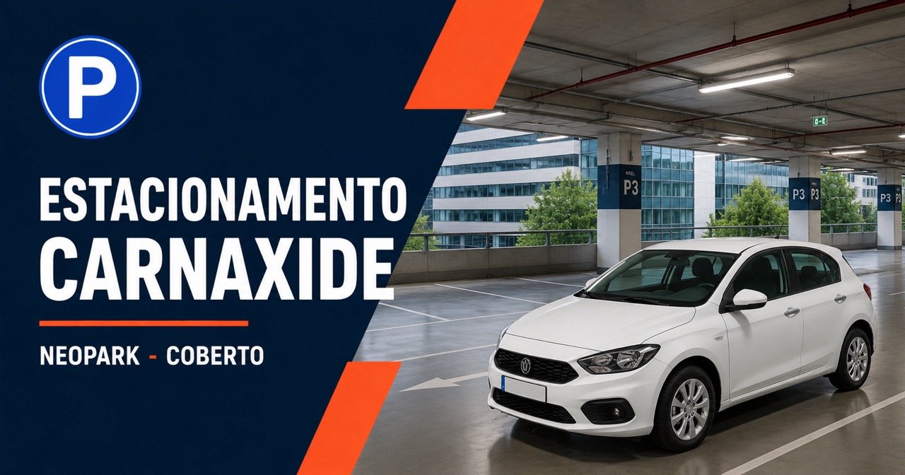 ESTACIONAMENTO CARNAXIDE — modern covered multi-storey car park, Lisbon suburb Carnaxide, white car and blue P parking icon
