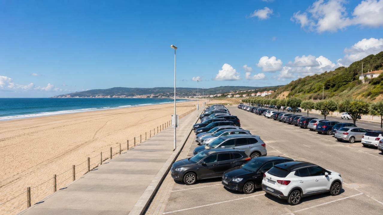 Beachfront parking lot beside the wide sandy beach esplanade in Figueira da Foz